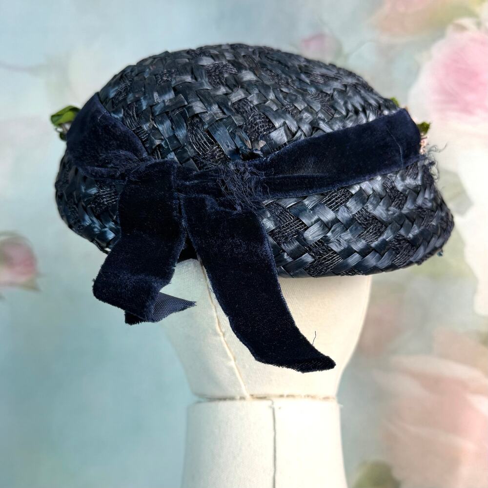 Vintage 40s Navy Blue Straw Flower Detail Velvet … - image 5